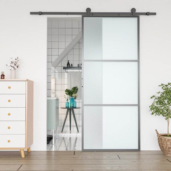 Brugel Kit Porta Scorrevole in Acciaio con Binari, Fermi e Guide, 200x40x0.6 cm, colore Nero - L4470BK