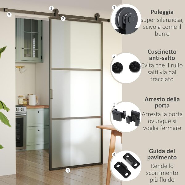 Brugel Kit Porta Scorrevole in Acciaio con Binari, Fermi e Guide, 200x40x0.6 cm, colore Nero - L4470BK