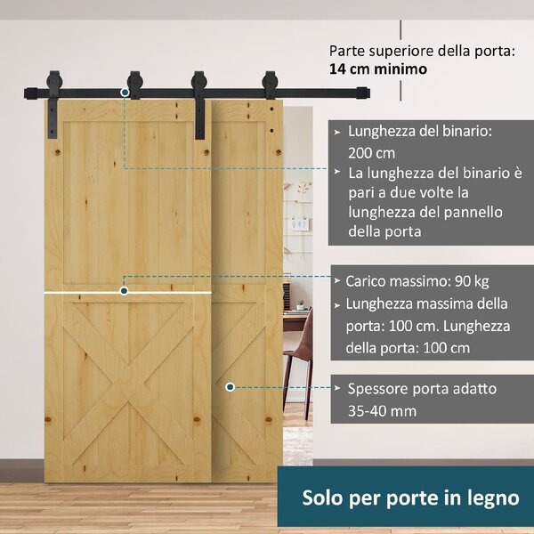 Brugel Kit Porta Scorrevole in Acciaio con Binario Rulli Fermi Guide Bulloni e Viti 200x0.6x4 cm colore Nero - DHB8158