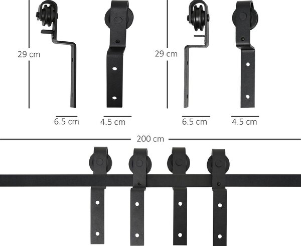 Brugel Kit Porta Scorrevole in Acciaio con Binario Rulli Fermi Guide Bulloni e Viti 200x0.6x4 cm colore Nero - DHB8158