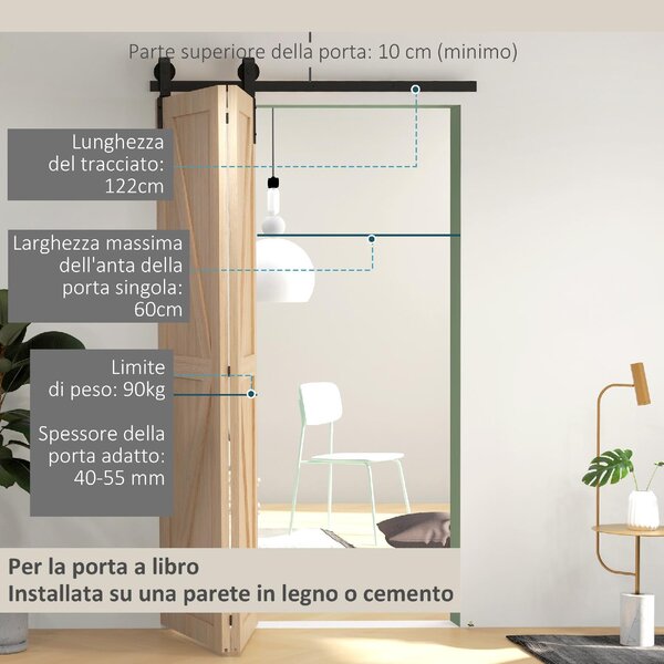Brugel Kit Porta Scorrevole Pieghevole in Acciaio al Carbonio 122x0.5x4 cm colore Nero - L4480BK