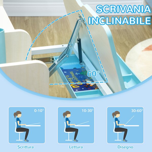 ZONEKIZ Banco Scuola con Sedia per Bambini 3-12 Anni, Altezza Regolabile e Piano Inclinabile, Azzurro|Aosom