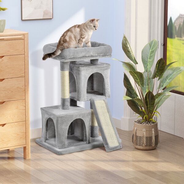 PawHut Albero Tiragraffi per Gatti con Pali in Sisal, Lettino e 2 Casette, 59x39x83cm, Grigio|Aosom