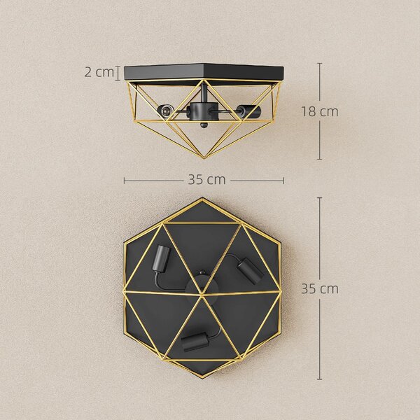 DecHome Lampada da Soffitto Stile Industriale Geometrica con 3 Attacchi E27 per Lampadine LED colore Nero/Oro - R405BK