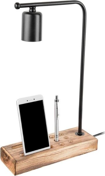 DecHome Lampada da Scrivania Stile Moderno Legno Naturale Porta Cellulare Fessure per Penne Attacco E27 Dimensioni 24x39 cm colore Nero - Vito