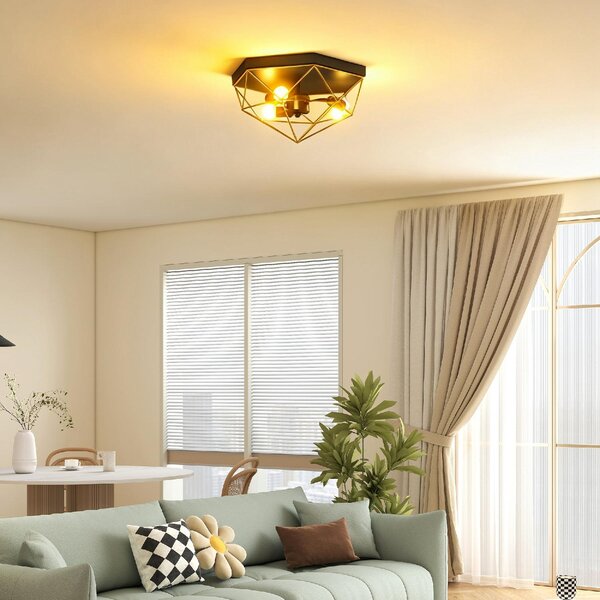DecHome Lampada da Soffitto Stile Industriale Geometrica con 3 Attacchi E27 per Lampadine LED colore Nero/Oro - R405BK
