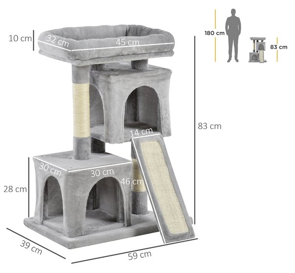 PawHut Albero Tiragraffi per Gatti con Pali in Sisal, Lettino e 2 Casette, 59x39x83cm, Grigio|Aosom