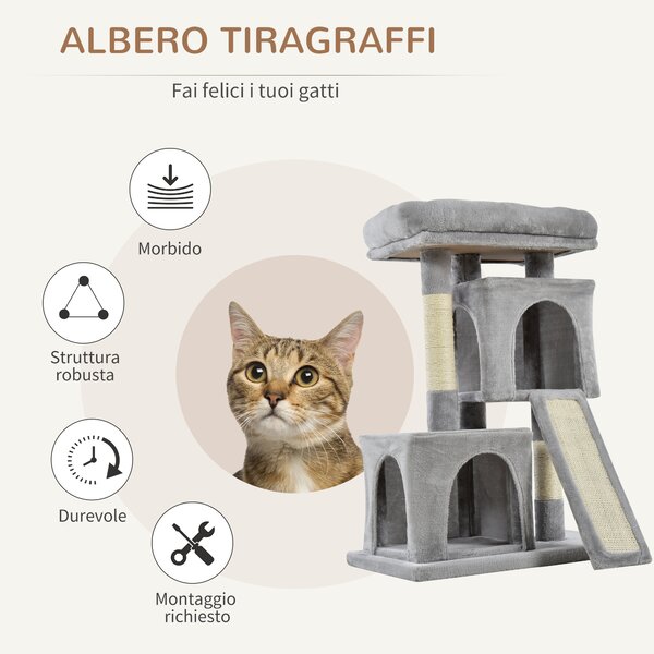 PawHut Albero Tiragraffi per Gatti con Pali in Sisal, Lettino e 2 Casette, 59x39x83cm, Grigio|Aosom