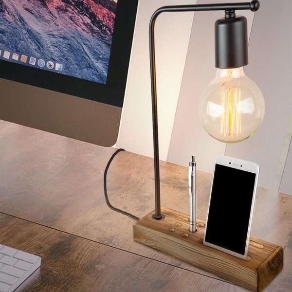 DecHome Lampada da Scrivania Stile Moderno Legno Naturale Porta Cellulare Fessure per Penne Attacco E27 Dimensioni 24x39 cm colore Nero - Vito