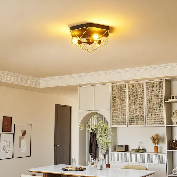 DecHome Lampada da Soffitto Stile Industriale Geometrica con 3 Attacchi E27 per Lampadine LED colore Nero/Oro - R405BK