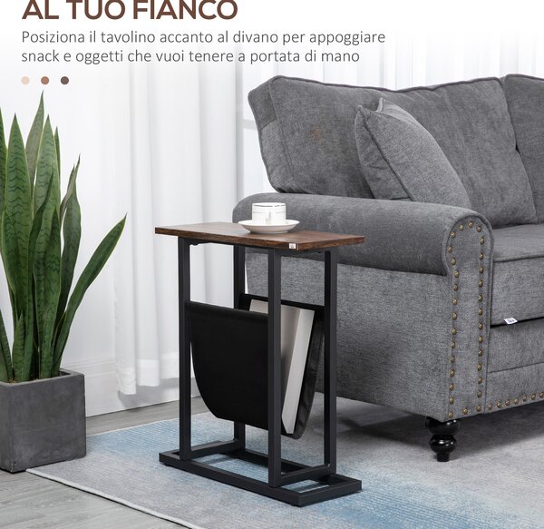 HOMCOM Tavolino da Salotto in Legno e Acciaio con Borsa Portaoggetti in Tessuto Oxford per Soggiorno e Camera, 49x19x55 cm, Marrone e Nero | Aosom