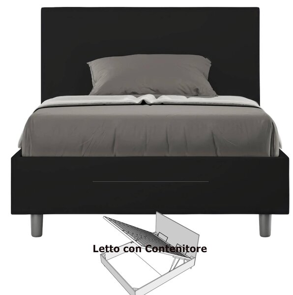 Letto una piazza e Mezza con Contenitore Imbottito ADELE Dimensioni 120x190 cm testata liscia rivestita in similpelle Colore Nero