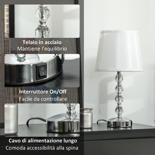 DecHome Lampada da Tavolo Design Moderno con Cristalli e Porta USB colore Bianco e Argento