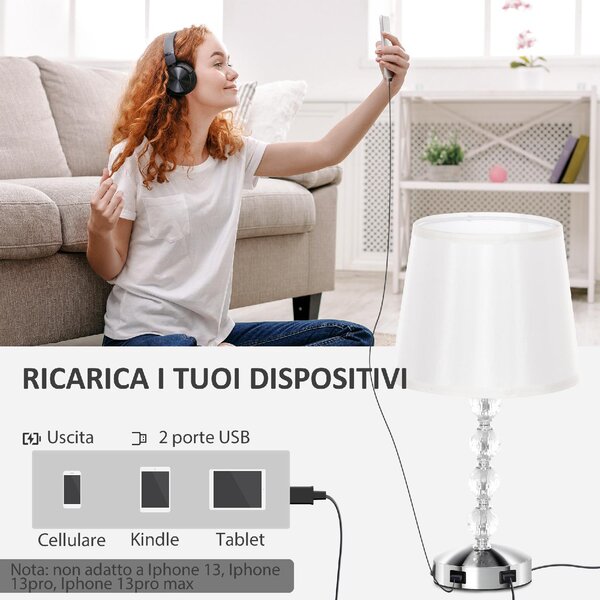 DecHome Lampada da Tavolo Design Moderno con Cristalli e Porta USB colore Bianco e Argento