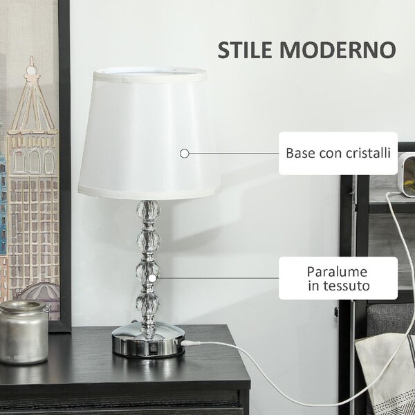 DecHome Lampada da Tavolo Design Moderno con Cristalli e Porta USB colore Bianco e Argento