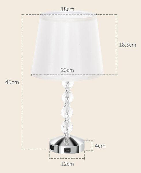 DecHome Lampada da Tavolo Design Moderno con Cristalli e Porta USB colore Bianco e Argento