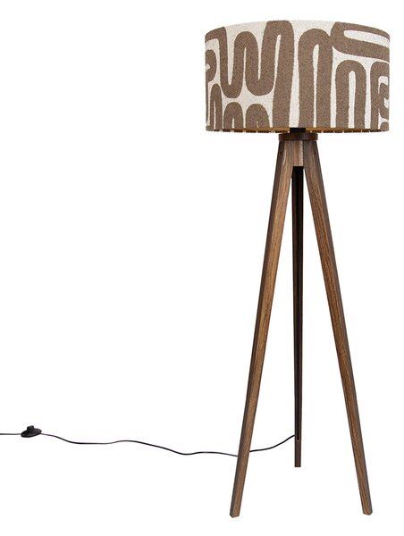 Lampada da terra treppiede in legno di noce con paralume a righe marrone e beige 50cm - Tripod Classic