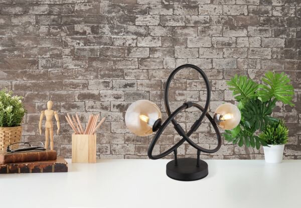 GLOBO LIGHTING Lampada da Tavolo Design Moderno in Metallo con Paralume in Vetro Ambrato colore Nero - 56141-2T Tuberius