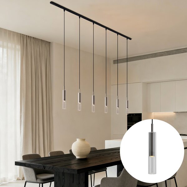 Sistema di illuminazione a binario moderno nero con 6 lampade a sospensione color canna di fucile 1 fase - Slimline Loyce