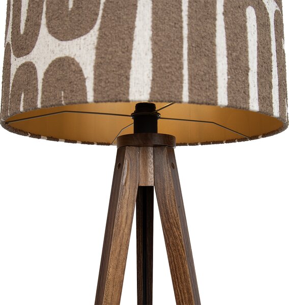 Lampada da terra treppiede in legno di noce con paralume a righe marrone e beige 50cm - Tripod Classic