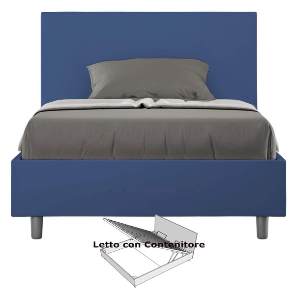 Letto una piazza e Mezza con Contenitore Imbottito ADELE Dimensioni 120x190 cm testata liscia rivestita in similpelle. Colore blu