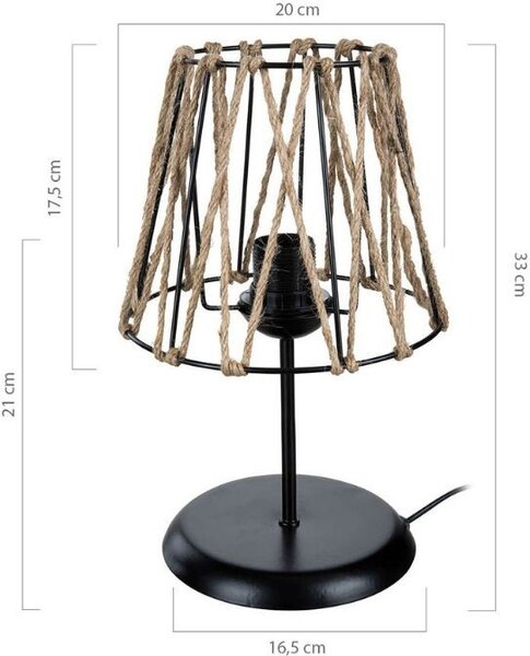DecHome Lampada da Tavolo in Metallo e Juta Paralume in Corda Juta Attacco E27 60W Dimensioni 16,5x33 cm colore Nero e Corda - Evren