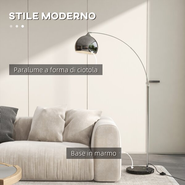HOMCOM Lampada da Terra Vintage ad Arco con Asta Regolabile, Interruttore a Pedale, Attacco E27, Argento | Aosom Italy