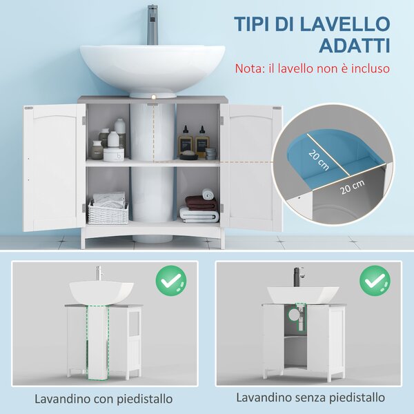 Kleankin Mobile Sotto Lavabo Bagno con 2 Ante e Ripiano Regolabile, 60x33x60cm, Legno e Bianco | Aosom Italy