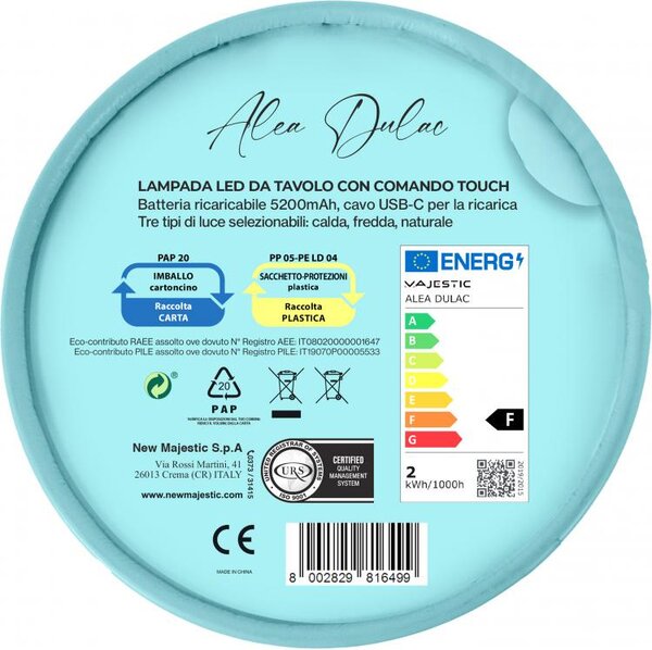 NEW MAJESTIC Lampada da Tavolo LED Senza fili Ricaricabile Design Moderno colore Azzurro - 120454 FL Alea Dulac