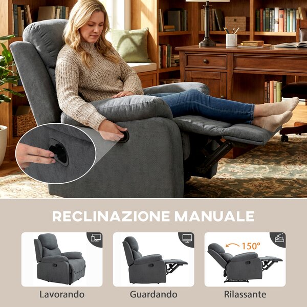 HOMCOM Poltrona Relax Manuale in Lino Grigio, Schienale Reclinabile 150° e Poggiapiedi, per Casa e Ufficio 97x96x105.5cm|Aosom