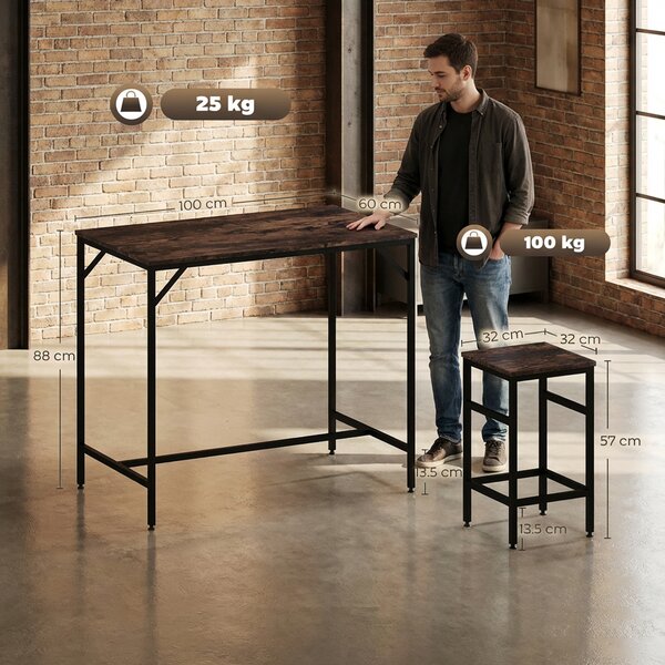 HOMCOM Set 5 Pezzi Tavolo Alto sgabelli Stile Industriale, in Metallo e Legno, per Soggiorno e Cucina, Marrone Rustico | Aosom Italy