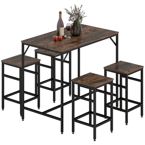 HOMCOM Set 5 Pezzi Tavolo Alto sgabelli Stile Industriale, in Metallo e Legno, per Soggiorno e Cucina, Marrone Rustico | Aosom Italy