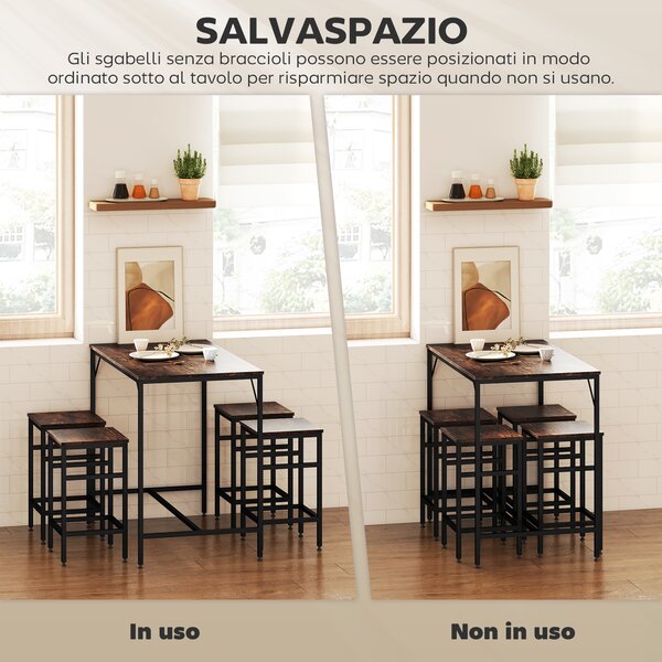 HOMCOM Set 5 Pezzi Tavolo Alto sgabelli Stile Industriale, in Metallo e Legno, per Soggiorno e Cucina, Marrone Rustico | Aosom Italy