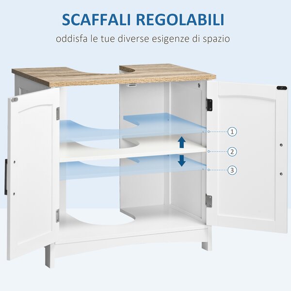 Kleankin Mobile Sotto Lavabo Bagno con 2 Ante e Ripiano Regolabile, 60x33x60cm, Legno e Bianco | Aosom Italy