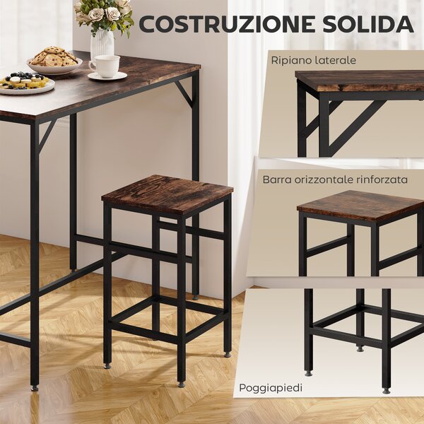 HOMCOM Set 5 Pezzi Tavolo Alto sgabelli Stile Industriale, in Metallo e Legno, per Soggiorno e Cucina, Marrone Rustico | Aosom Italy
