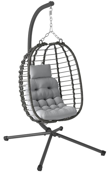 Outsunny Sedia Sospesa in Rattan a Uovo con Cuscino e Poggiatesta, Altezza Regolabile e Seduta Richiudibile, Grigio