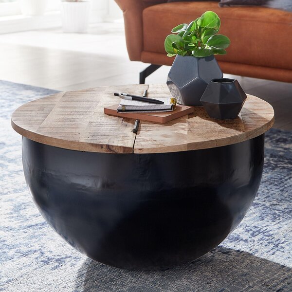 Tavolino in legno massiccio di mango in metallo 60x34x60 cm stile industriale rotondo | Wohnling
