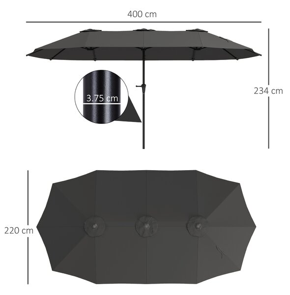 Outsunny Ombrellone Doppio con Prese d'Aria e Manovella, in Metallo e Poliestere, 4x2.2x2.34 m, Nero e Grigio Scuro