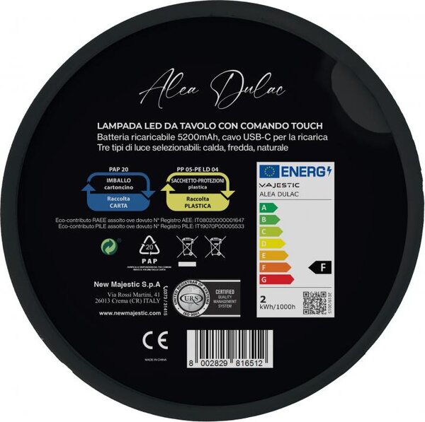 NEW MAJESTIC Lampada da Tavolo LED Senza fili Ricaricabile Design Moderno colore Nero - 120454 JW Alea Dulac