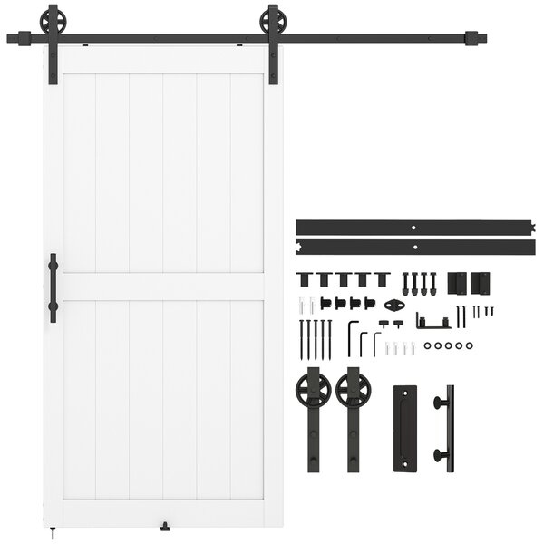 HOMCOM Porta Scorrevole con Binario e Maniglia, in Stile Country e in Legno e Acciaio, 106.6x213.4 cm, Bianco e Nero | Aosom Italy