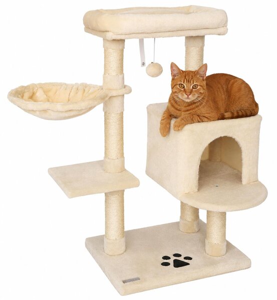Tiragraffi lionto 93 cm con grotta, abbeveratoio, palla da gioco e paletti in sisal, albero per gatti compatto, beige