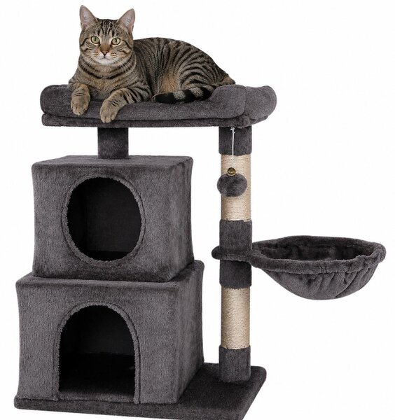 Tiragraffi per gatti lionto, 70 cm con 2 grotte, cavità per sdraiarsi, letto per sdraiarsi e palla da gioco, robusto e accogliente, grigio scuro