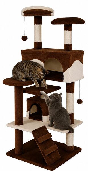 Tiragraffi per gatti lionto, albero tiragraffi e giochi da 130 cm con 2 grotte, scale, 3 aree di riposo e tronchi in sisal, marrone/beige