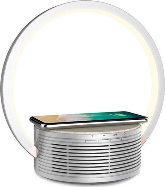 NEW MAJESTIC Lampada da Tavolo LED Senza fili Ricaricabile Design Moderno con Altoparlanti e Caricabatterie Wireless colore Bianco - 120506 WH LL 5
