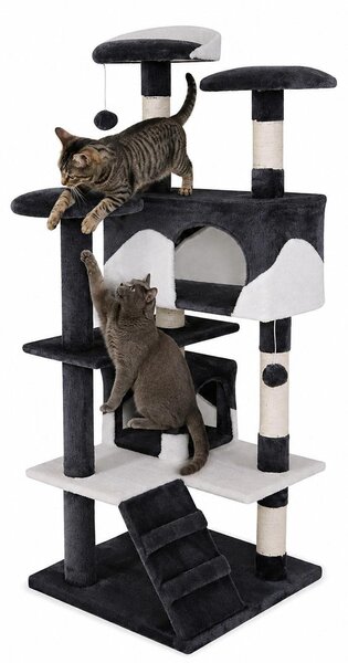 Tiragraffi per gatti lionto, albero tiragraffi e giochi da 130 cm con 2 grotte, scale, 3 aree di riposo e paletti in sisal, grigio/bianco