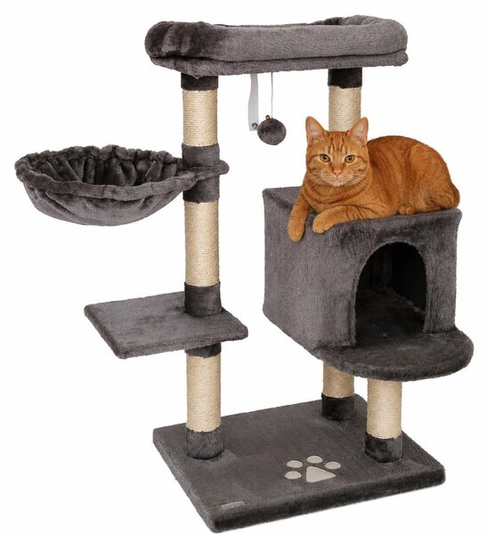 Tiragraffi lionto 93 cm con grotta, abbeveratoio, palla da gioco e paletti in sisal, albero per gatti compatto, grigio scuro