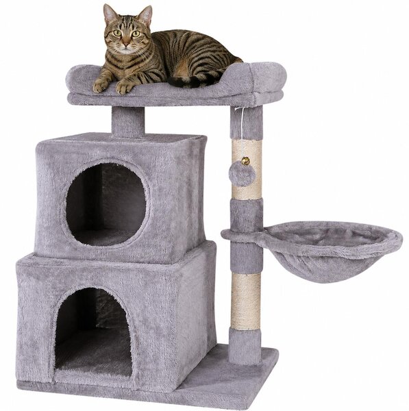 Tiragraffi per gatti lionto, 70 cm con 2 grotte, mangiatoia, lettino e palla da gioco, robusto e accogliente, grigio chiaro