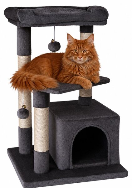 Tiragraffi per gatti lionto 75 cm con grotta, giaciglio e superficie in sisal, compatto e stabile, ideale per il gioco, il riposo e la cura degli artigli, grigio scuro
