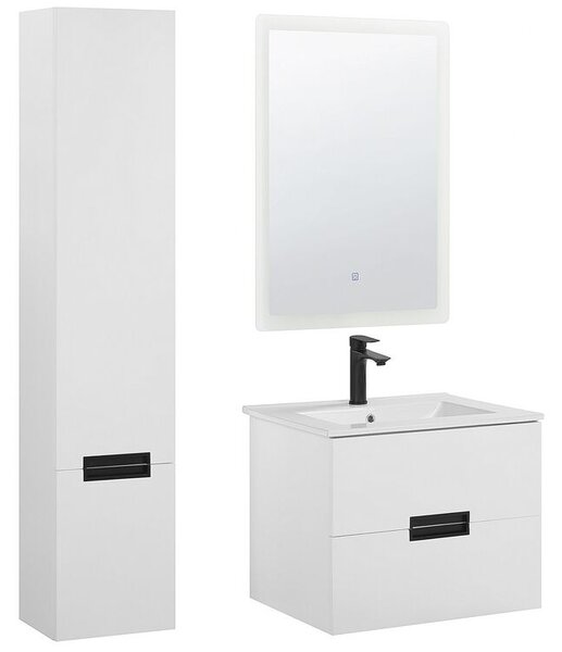 Set di 3 mobili da bagno in MDF bianco con lavabo in ceramica montaggio a parete mobiletto alto specchio rettangolare a LED Beliani