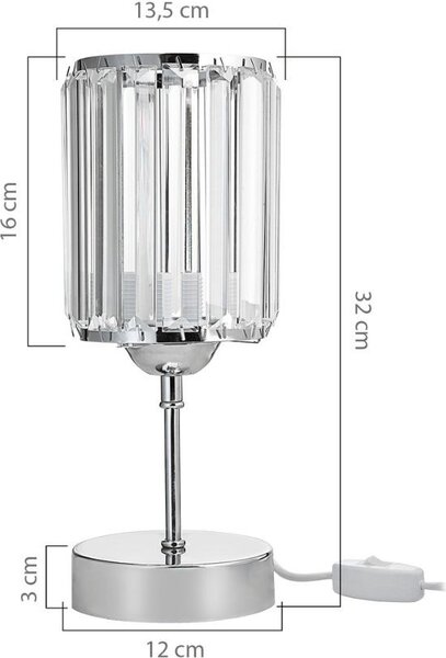 DecHome Lampada da Tavolo Stile Moderno in Metallo Cromato Base con Paralume Cristallo Attacco E27 Dimensioni 13.5x32 cm colore Cromato - Alis